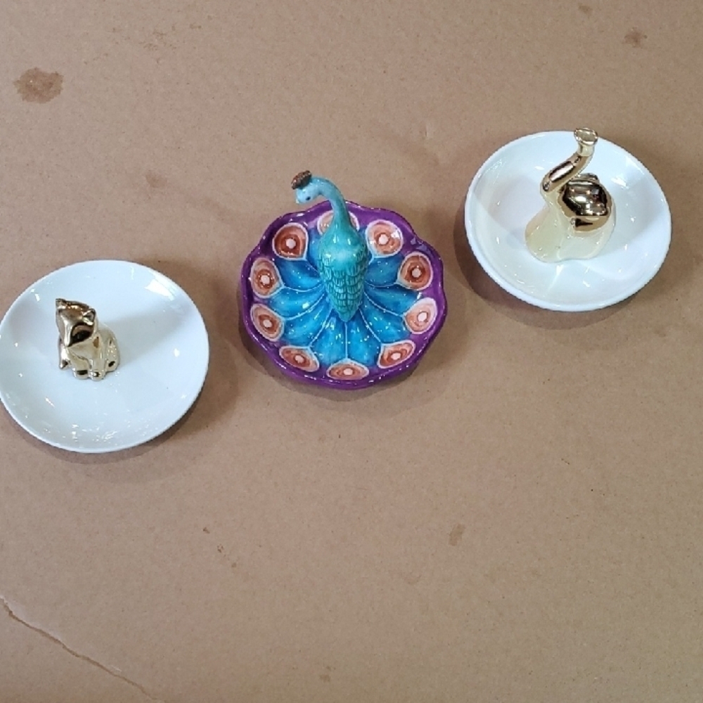 Colorful Peacock , Fox, and  Elephant Trinket Ring Dishes - Picture 2 of 10